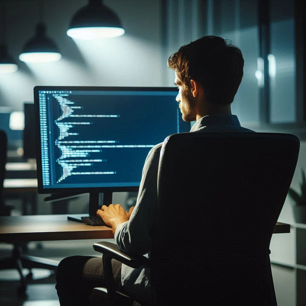 Uma pessoa sentada em seu escritorio com uma cadeira preta presidente e uma mesa preta, sendo a luminição mais escura fazendo desenvolvendo em php.